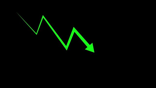 Business down graph green color arrow financial chart investment market concept black background. 4k video animation