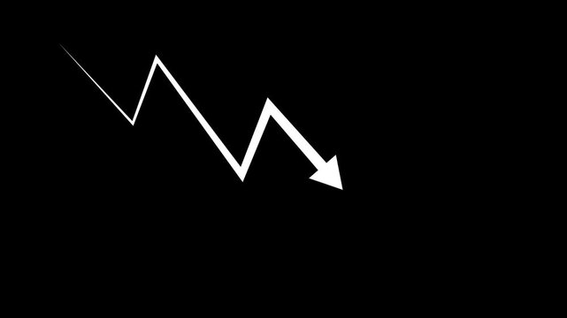 Business down graph white color arrow financial chart investment market concept black background. 4k video animation