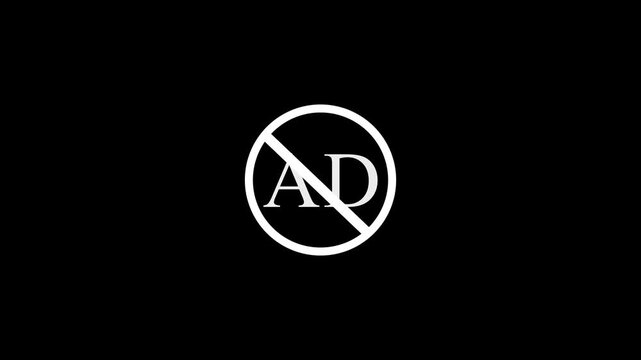 A stark cyan and black image depicts a prohibitory sign featuring the letters ad crossed out by a diagonal line conveying restriction high quality. Motion graphics. concept. 4k video animation