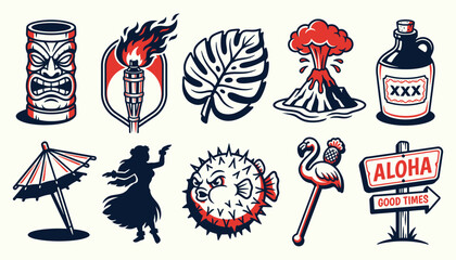 Tropical tiki island paradise retro vector icons for summer travel and vintage lifestyle branding © 777SKYLABS