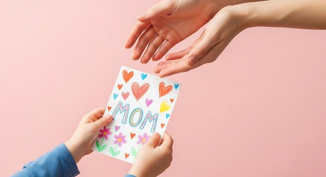 Child hands presenting a handmade Mothers Day card