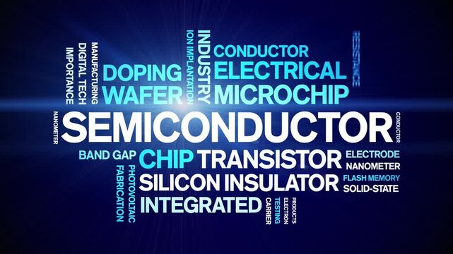 Semiconductor animated word cloud-text design animation tag kinetic typography seamless loop.