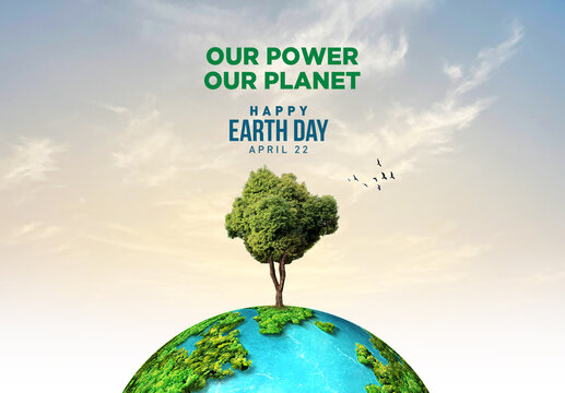 Our power, our planet. Earth day 2026 concept background. Ecology concept. Design with globe map drawing and leaves isolated on white background.