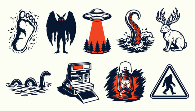 Cryptid Urban Legend and Paranormal Mystery Vector Icons for Storytelling