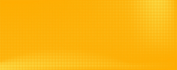 Fototapeta premium Yellow halftone pattern. Retro comic gradient background. Bright orange pixelated dotted texture overlay. Cartoon pop art faded gradient pattern. Vector backdrop for poster, banner, advertisement
