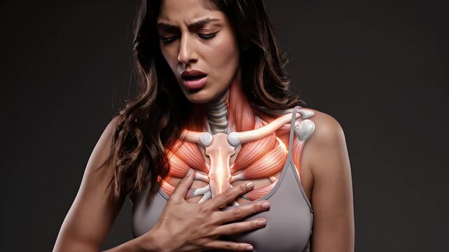 Woman In Gray Top Holding Chest Showing Rib Cage And Muscle Anatomy With Glowing Inflammation Pain In Studio Lighting
