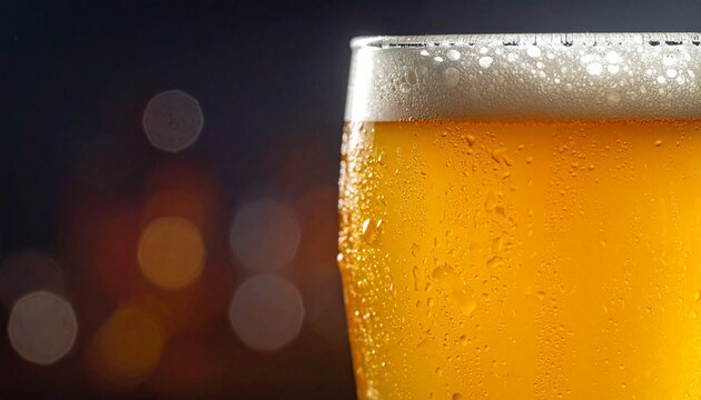 Beer Glass Close-Up. Frosty lager beer in a tall glass with golden foam, dark bokeh background, crisp pub-style drink shot.