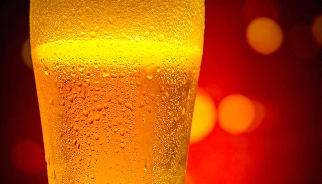 Beer Macro. Golden lager beer in close-up with cold condensation and soft red bokeh, premium studio beverage background.