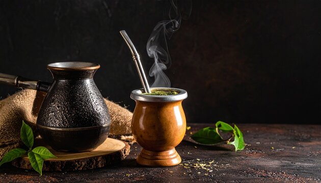 Yerba mate ritual. Traditional South American yerba mate in a rustic gourd with steam, a metal straw, and dramatic studio lighting.