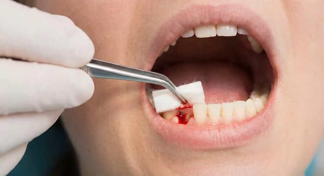 Close up of a dentist performing a dental procedure on a patient with bleeding gums.