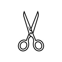 Fototapeta premium Black and white scissors icon, minimal outline, simple symmetrical design, centered