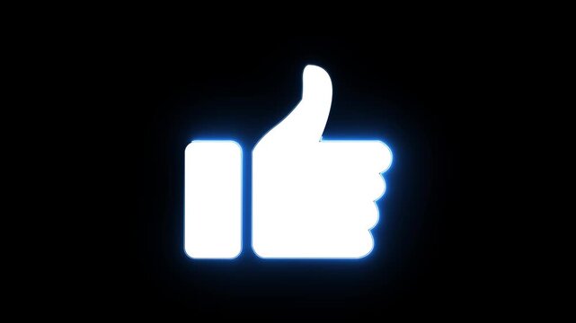 Blue color thump up icon animation. Glowing neon thumb up like icon video on black background. animated like button. Motion graphics. 4k video animation