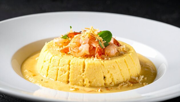 Shrimp Souffl&eacute; Mold. Plated shrimp souffl&eacute; style dish, reflecting refined Brazilian and European fusion cuisine.