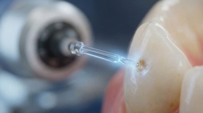 Close up of dental laser treatment on human tooth for cavity removal.