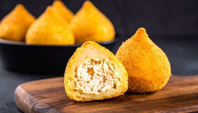 Coxinha Trio. Set of Brazilian coxinhas with rich chicken filling, styled as a popular street-food appetizer.