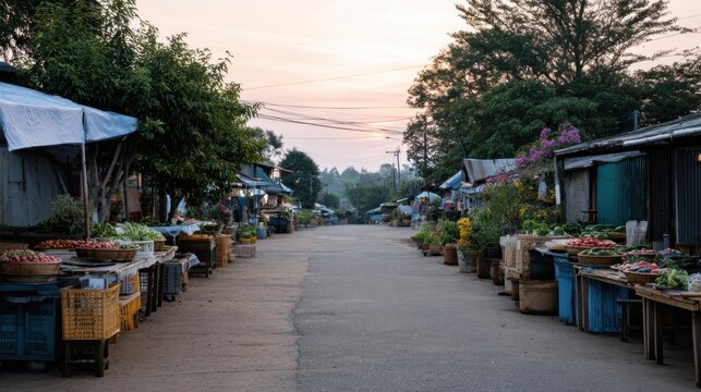 Local market street with vegetable stalls and baskets under blue tarps at dawn, surrounded by trees and colorful flowers in a rural setting