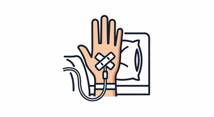 Fototapeta premium Hand with IV drip on pillow background, medical procedure icon
