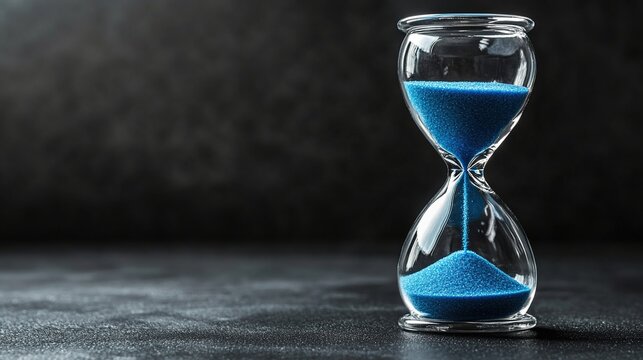 directional. Minimalist hourglass with blue sand symbolizing time, isolated on dark background with spotlight. wellbeing guides.