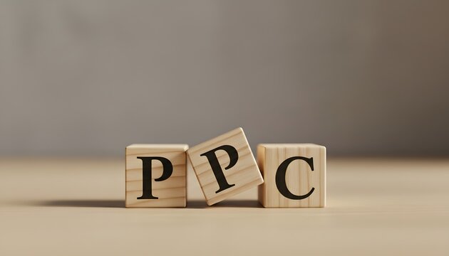 Wooden blocks spell ppc a close up view of pay per click marketing concept