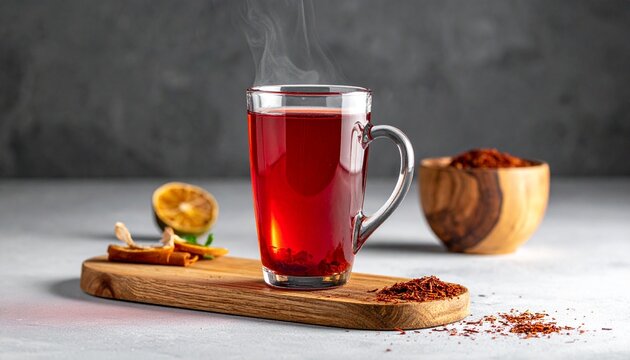 Hibiscus Tea Glass Mug. Clear glass mug with red karkade tea and dried fruit, herbal drink from Egypt, soft light, minimal background.