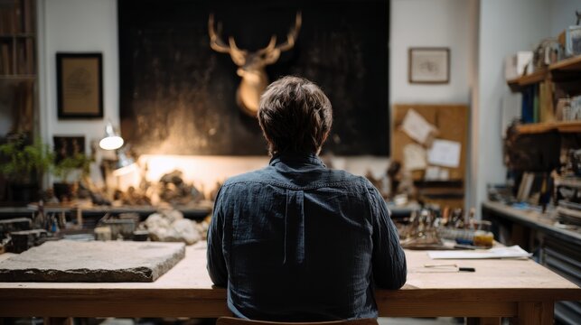 Male artist seated at wooden table in workshop, facing wall with mounted deer head, surrounded by various art supplies and sculptures in a creative environment