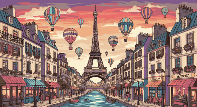 Colorful hot air balloons float over Parisian street with canal