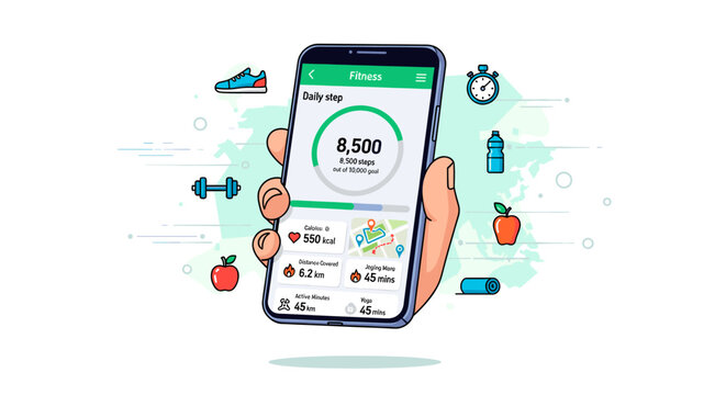 Hand holding smartphone with fitness tracking app displaying daily steps, calories, and activity, surrounded by health and exercise icons.