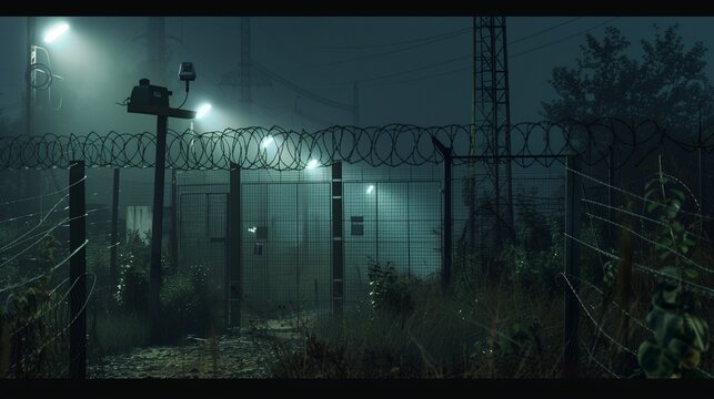 A night time perimeter security scene with tall fences topped with razor wire and motion sensor lights activated, misty atmosphere, realistic perspective, captured by HD camera.