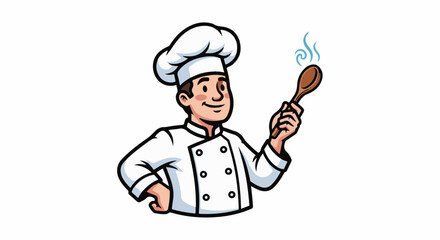 Naklejka premium Cartoon chef in a tall white hat and uniform holds a wooden spoon aloft, steam rising