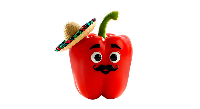 Red bell pepper cartoon character wearing a sombrero and mustache isolated on transparent background