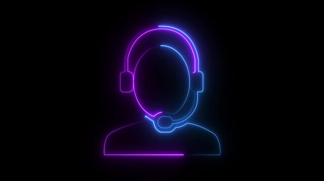 Dynamic neon man and headset icon illuminating the concept of efficient customer support and online assistance, ideal for modern digital communication and help desk services. 4k video animation