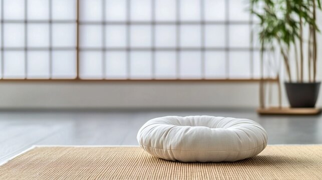 tatami. A meditation cushion on a tatami mat in a serene zen setting with natural lighting. wellbeing guides, coaching materials, designed for coaching and self-improvement content.