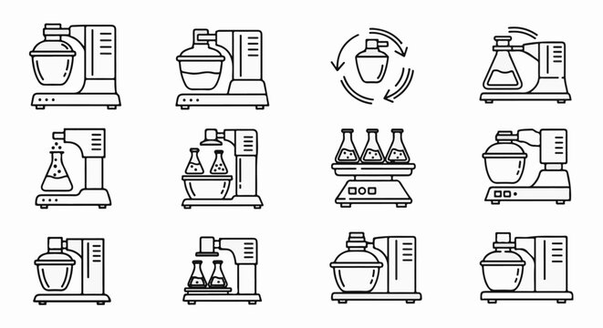Collection of outline icons representing laboratory mixers and chemical experiments