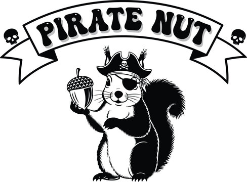 Squirrel in pirate hat and eye patch holds acorn