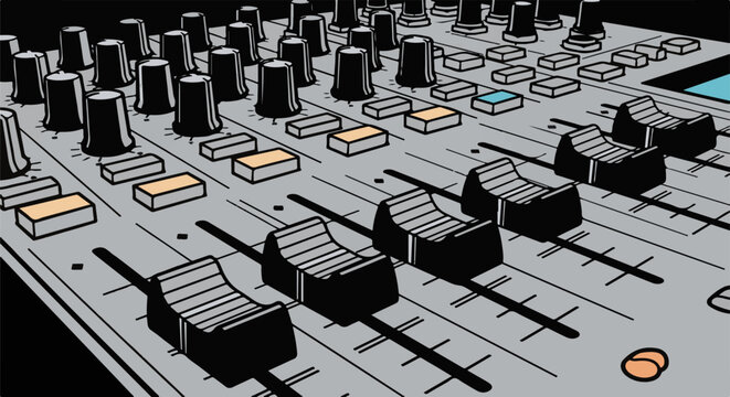 Close-up of a sound mixing board with sliders and knobs