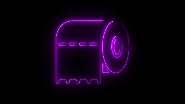 Glowing neon line toilet paper roll icon animation. Neon purple toilet paper icon 4K motion graphic animation on clack background. 4k video animation