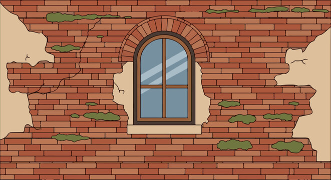 Arched window in distressed brick wall with moss patches