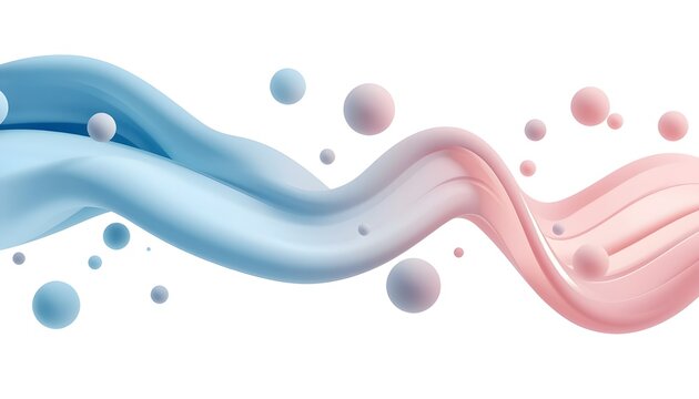 A vibrant abstract illustration of swirling blue and pink liquid with floating spheres on a white background