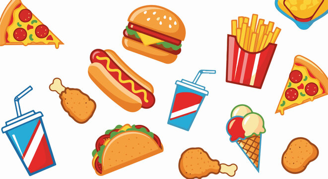 A collection of cartoon-style fast food items, including pizza, burgers, and fries