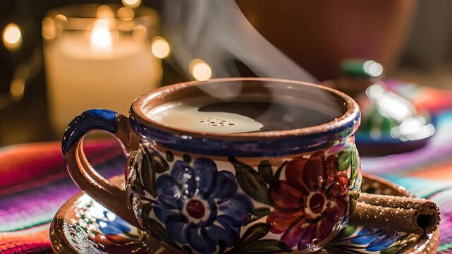 Caf&eacute; de olla humeante en taza de barro tradicional con canela sobre sarape colorido, atm&oacute;sfera c&aacute;lida para celebraciones de Cinco de Mayo, desayuno aut&eacute;ntico mexicano y herencia.
