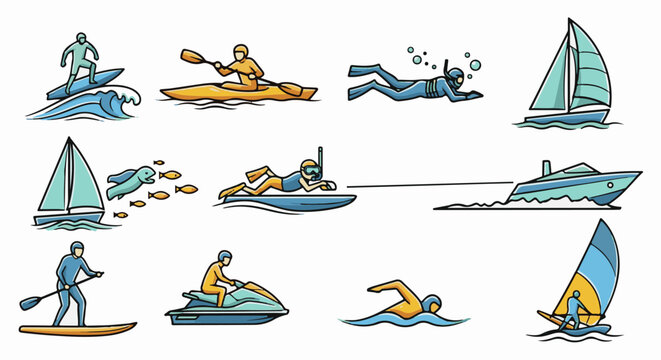 Cartoon icons depicting various water sports and activities