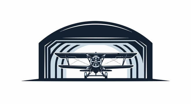 Vintage biplane parked inside an arched hangar