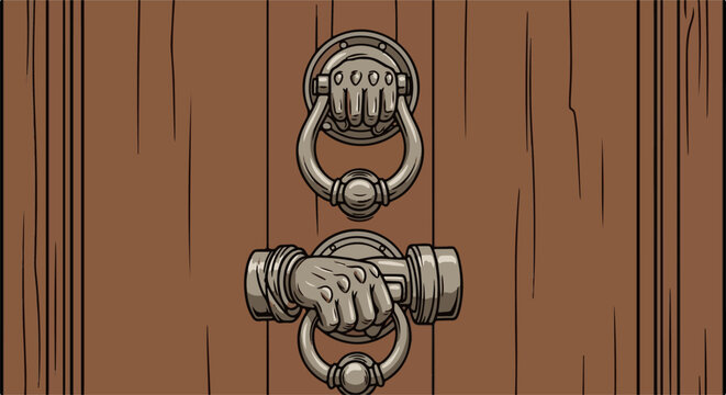 Rustic wooden door with two ornate hand-shaped metal door knockers