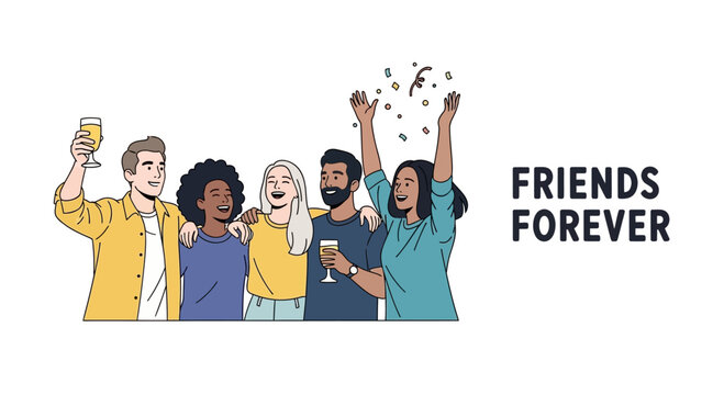 Diverse group of happy friends celebrating with drinks and cheering.