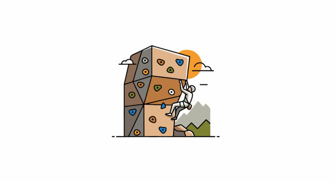 A person climbs a colorful artificial rock climbing wall under a bright sun