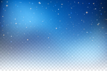 Obraz na płótnie Canvas Starry night sky with transparent effect. Vector blue galaxy with shiny golden glitter. Textured space with stellar particles and magic twinkles. Dreamy realistic sparks illustration