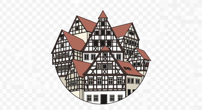 Cluster of medieval timber-framed buildings with red roofs
