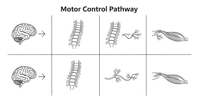Motor Control Pathway: Brain to Muscle Activation Diagram