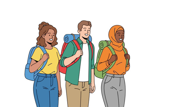 Diverse group of young hikers with backpacks standing together.