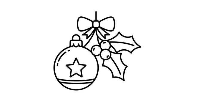 Christmas Ornament with Holly and Bow Line Art Icon
